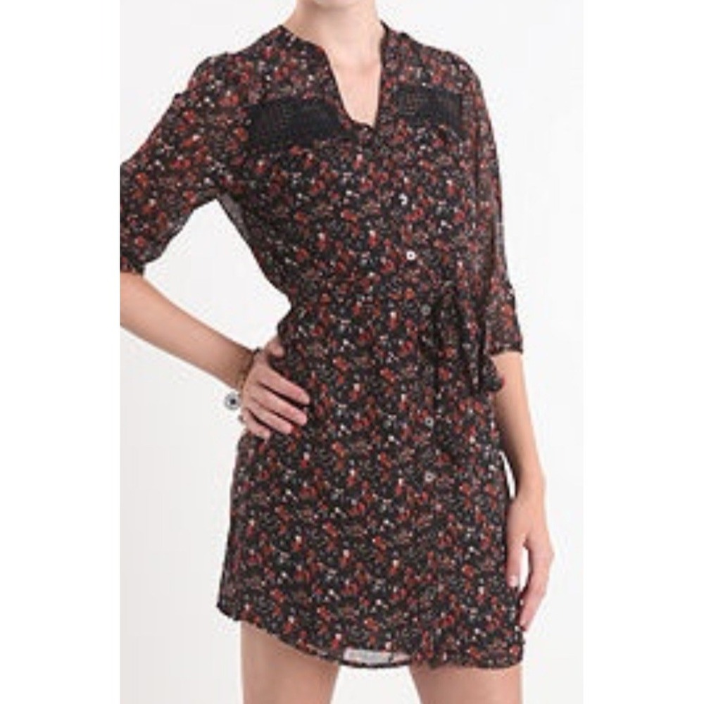 Black Poppy M Floral Button‎ Up Dress Dark Fairy Cottage Core Semi Sheer Crochet
